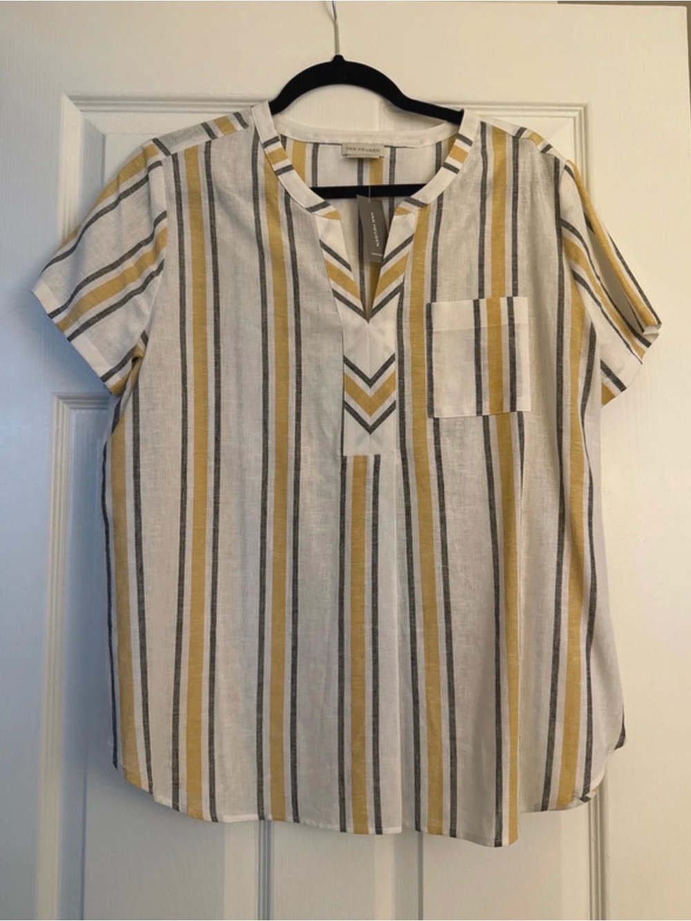 Van Heusen White Striped Split-Neck Short Sleeve Blouse